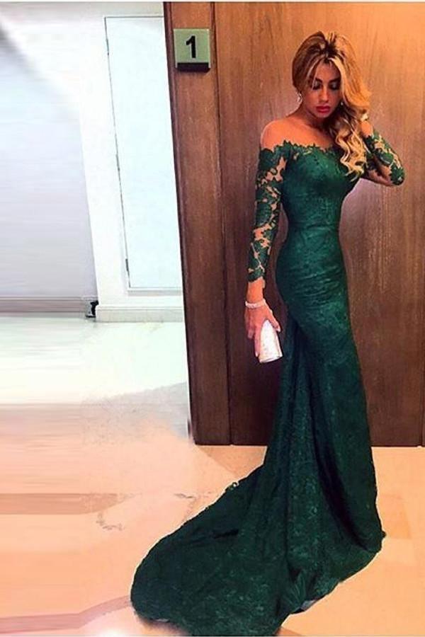 Off the Shoulder Long Sleeves Mermaid Lace Evening Dress Prom Dresses PG318 - Tirdress