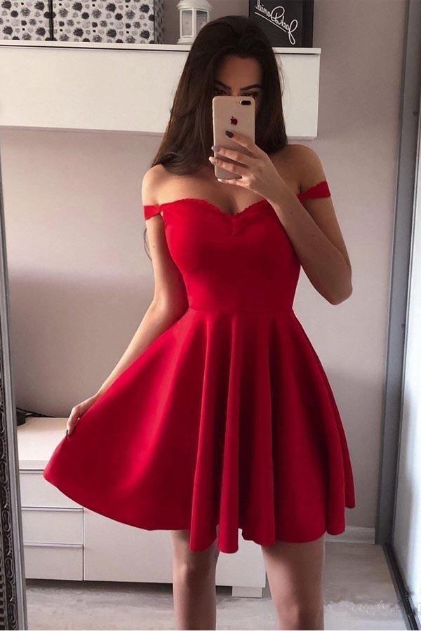 Off the Shoulder Red Homecoming Dresses Broad Strap Little Party Dress HD0046 - Tirdress