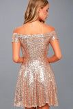 Off the Shoulder Rose Gold Sequins Homecoming Dress Short Party Dress HD0130 - Tirdress