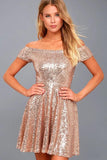 Off the Shoulder Rose Gold Sequins Homecoming Dress Short Party Dress HD0130 - Tirdress