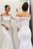 Off-The-Shoulder 3/4-Length Sleeves Lace-Up Mermaid Wedding Dress WD089 - Tirdress