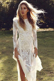 Off White Sheath Long Sleeve Backless Lace Wedding Dress,Summer Beach Wedding Dress TN129