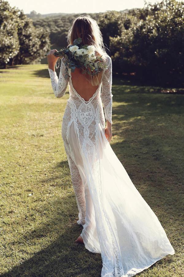 Off White Sheath Long Sleeve Backless Lace Wedding Dress,Summer Beach Wedding Dress TN129 - Tirdress