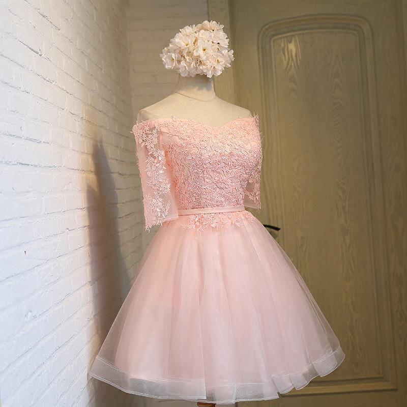 Off shoulder Half Sleeves Lace Appliqued Short Prom Dresses BD058 - Tirdress