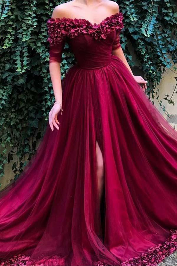 Off the shoulder Half Sleeves A Line Tulle Long Prom Dresses TP0161 - Tirdress