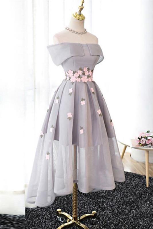Off-the-Shoulder High Low Grey Tulle Homecoming Dress With Appliques Custom Size / As Picture Off-the-Shoulder High Low Grey Tulle Homecoming Dress With Appliques Custom Size / As Picture