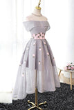 Off-the-Shoulder  High Low Grey Tulle Homecoming Dress With Appliques TR0177