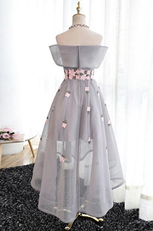 Off-the-Shoulder High Low Grey Tulle Homecoming Dress With Appliques TR0177 - Tirdress