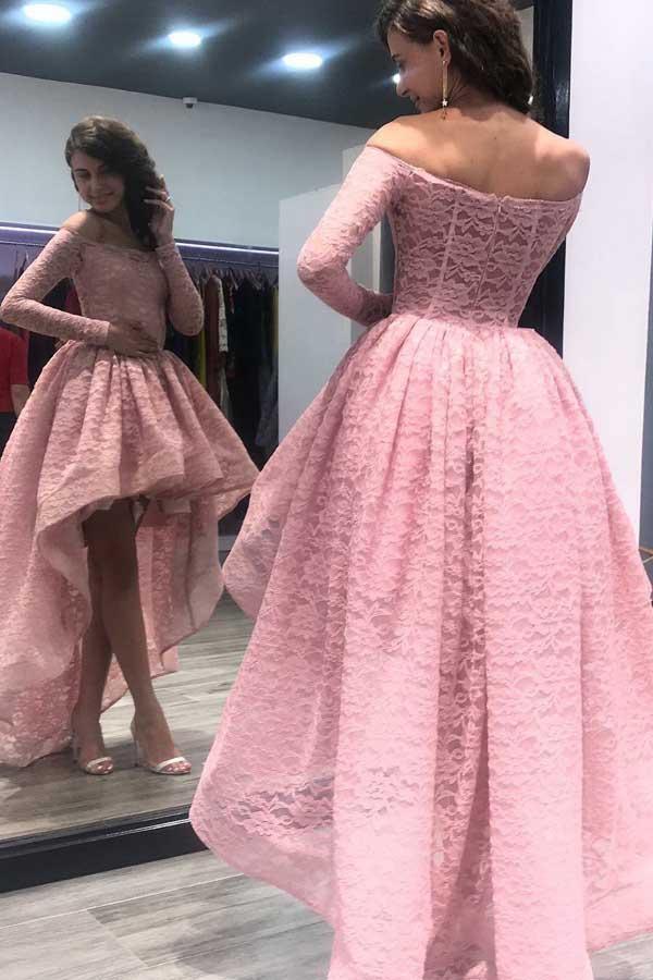 Off-the-Shoulder High Low Pink Long Sleeves Lace Prom Dress PG496 - Tirdress