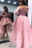 Off-the-Shoulder High Low Pink Long Sleeves Lace Prom Dress PG496 - Tirdress