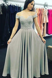 Off-the-Shoulder Sweep Train Grey Chiffon Prom Dress with Appliques PG473 - Tirdress