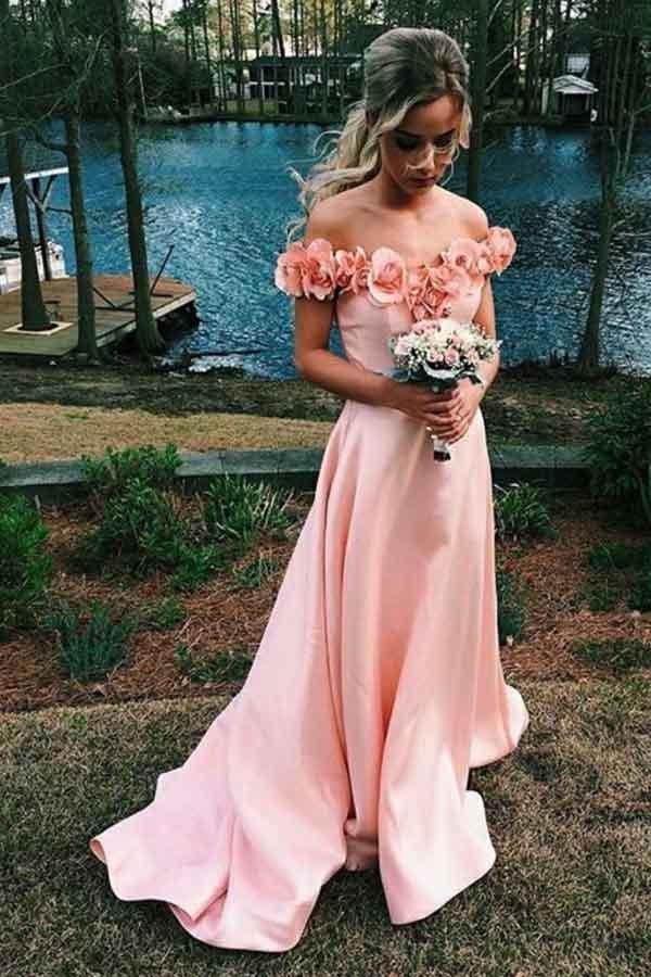 Off-the-Shoulder Sweep Train Pink Satin Prom Dress with Flowers PG474 - Tirdress