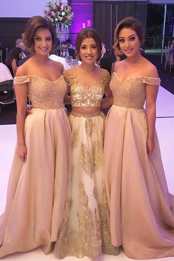 Off-The-Shoulder Sweep Stretch Satin Bridesmaid Dress with Beading US18 / As Picture Off-The-Shoulder Sweep Stretch Satin Bridesmaid Dress with Beading US18 / As Picture