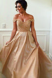 Off-the-Shoulder Sweep Train Stretch Satin Bridesmaid Dress With Beading TY0026 - Tirdress