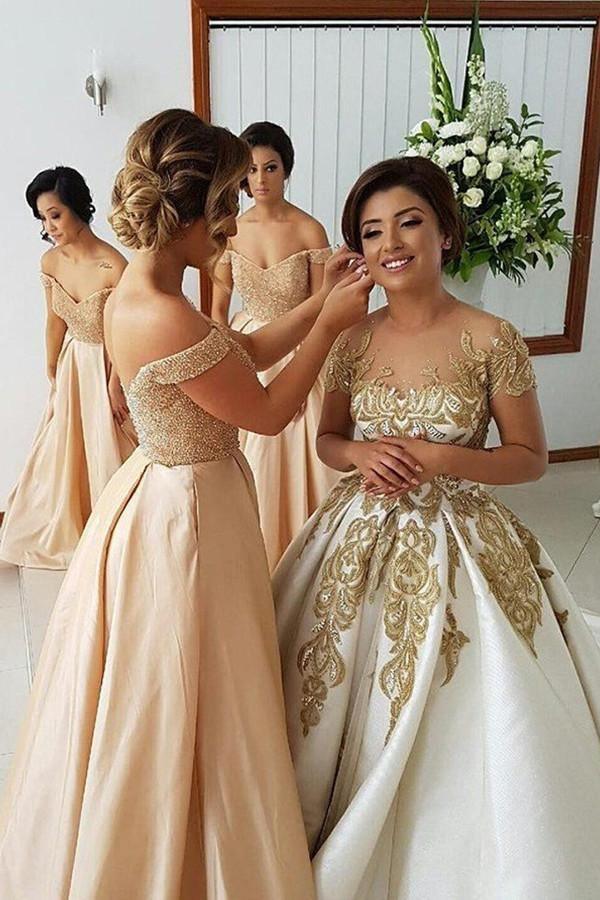 Off-the-Shoulder Sweep Train Stretch Satin Bridesmaid Dress With Beading TY0026 - Tirdress