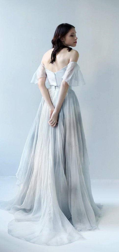 Off-the-Shoulder Unique Grey Blue Long Prom Dresses Wedding Dresses TN249 - Tirdress