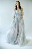 Off-the-Shoulder unique gris bleu longues robes de bal robes de mariée TN249