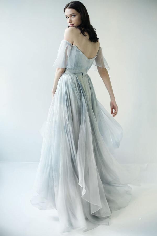 Off-the-Shoulder Unique Grey Blue Long Prom Dresses Wedding Dresses TN249 - Tirdress