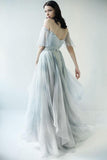 Off-the-Shoulder Unique Grey Blue Long Prom Dresses Wedding Dresses TN249 - Tirdress