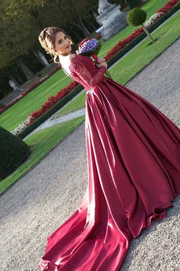 Off-the-Shouler Sweep Train Long Sleeves Burgundy Satin Prom Dress PG441 - Tirdress