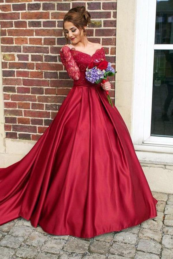 Off-the-Shouler Sweep Train Long Sleeves Burgundy Satin Prom Dress PG441 - Tirdress