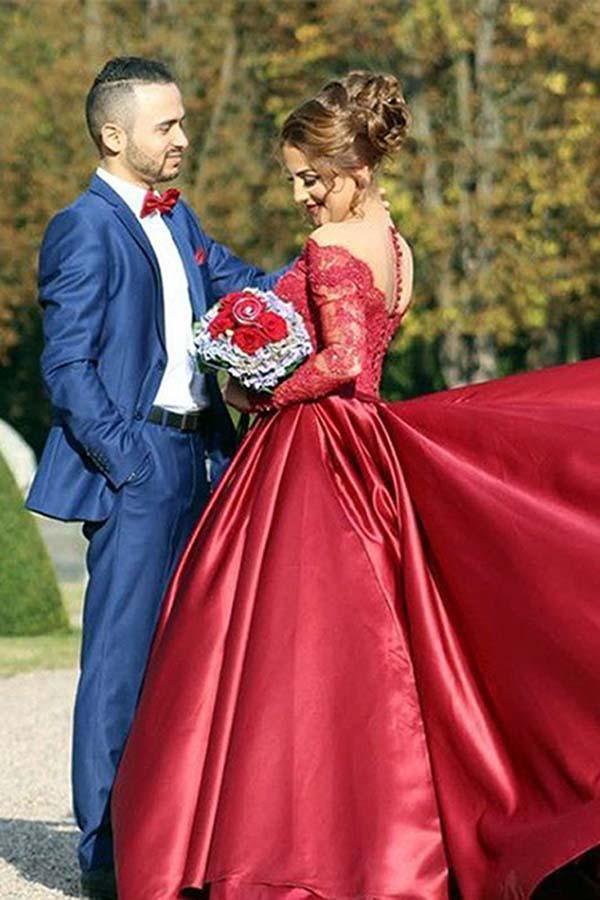 Off-the-Shouler Sweep Train Long Sleeves Burgundy Satin Prom Dress PG441 - Tirdress