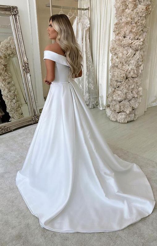 Off-the-shoulder Satin Wedding Gowns Simple Bridal Dresses With Court Train TN295 - Tirdress