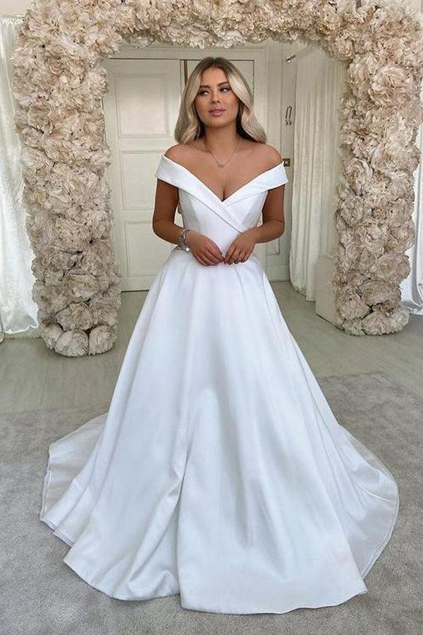 A-line Off Shoulder Simple Wedding Dress With Court Train TN295 Custom Size / White A-line Off Shoulder Simple Wedding Dress With Court Train TN295 Custom Size / White