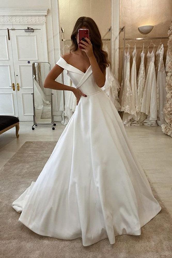 A-line Off Shoulder Simple Wedding Dress With Court Train TN295 Custom Size / Ivory A-line Off Shoulder Simple Wedding Dress With Court Train TN295 Custom Size / Ivory