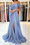 Off the Shoulder Shiny Blue Long Prom Dresses Formal Dress TP1177 - Tirdress
