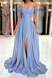 Schulterfreies, glänzendes blaues langes Ballkleid, formelles Kleid TP1177