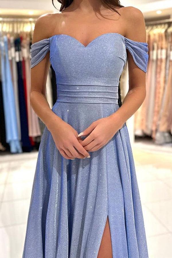 Off the Shoulder Shiny Blue Long Prom Dresses Formal Dress TP1177 - Tirdress