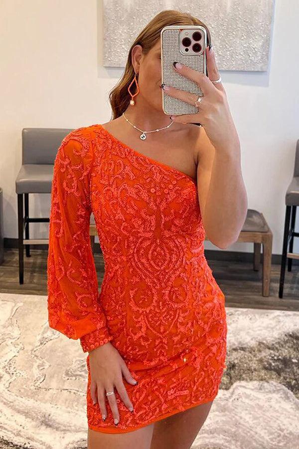 One Shoulder Orange Tight Short Prom Dress Homecoming Dress HD0183 US0 / Custom Color One Shoulder Orange Tight Short Prom Dress Homecoming Dress HD0183 US0 / Custom Color