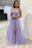 One Shoulder Purple Blue Lace Split Prom Dresses Evening Dresses TP1215