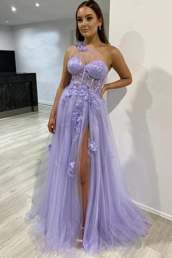 One Shoulder Purple Blue Lace Split Prom Dresses Evening Dresses TP1215 - Tirdress