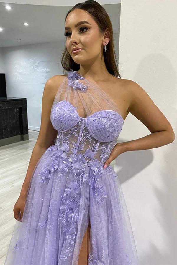 One Shoulder Purple Blue Lace Split Prom Dresses Evening Dresses TP1215 - Tirdress