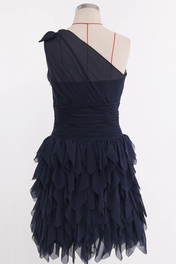 One Shoulder A-line Knee Length Chiffon Dark Navy Bridesmaid Dress TY0017 - Tirdress