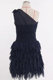 One Shoulder A-line Knee Length Chiffon Dark Navy Bridesmaid Dress TY0017 - Tirdress