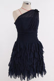 Einschultriges A-Linien-Brautjungfernkleid in knielangem Chiffon in dunklem Marineblau TY0017