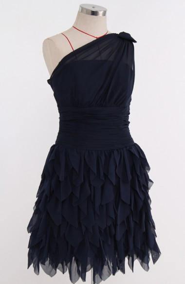 One Shoulder A-line Knee Length Chiffon Dark Navy Bridesmaid Dress TY0017 - Tirdress