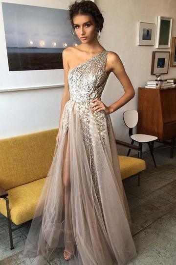 One Shoulder A-line Shinning Side Split Elegant Long Prom Dresses Tirdress One Shoulder A-line Shinning Side Split Elegant Long Prom Dresses Tirdress