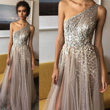 One Shoulder A-line Shinning Side Split Elegant Long Prom Dresses PG707 - Tirdress