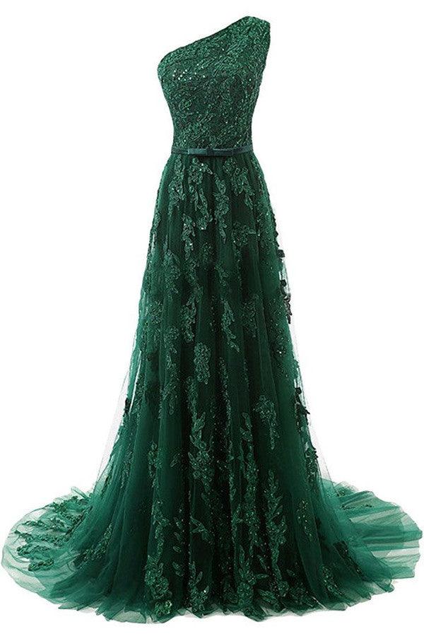 One-Shoulder Dark Green Tulle Prom Dress With Appliques Beading TP0021 - Tirdress