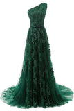 One-Shoulder  Dark Green Tulle Prom Dress With Appliques Beading TP0021