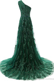 One-Shoulder Dark Green Tulle Prom Dress With Appliques Beading TP0021 - Tirdress