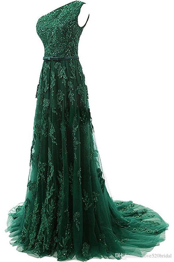 One-Shoulder Dark Green Tulle Prom Dress With Appliques Beading US8 / Custom Color One-Shoulder Dark Green Tulle Prom Dress With Appliques Beading US8 / Custom Color