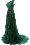 One-Shoulder Dark Green Tulle Prom Dress With Appliques Beading TP0021 - Tirdress