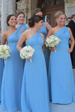 Bodenlanges himmelblaues Brautjungfernkleid mit einer Schulter BD003