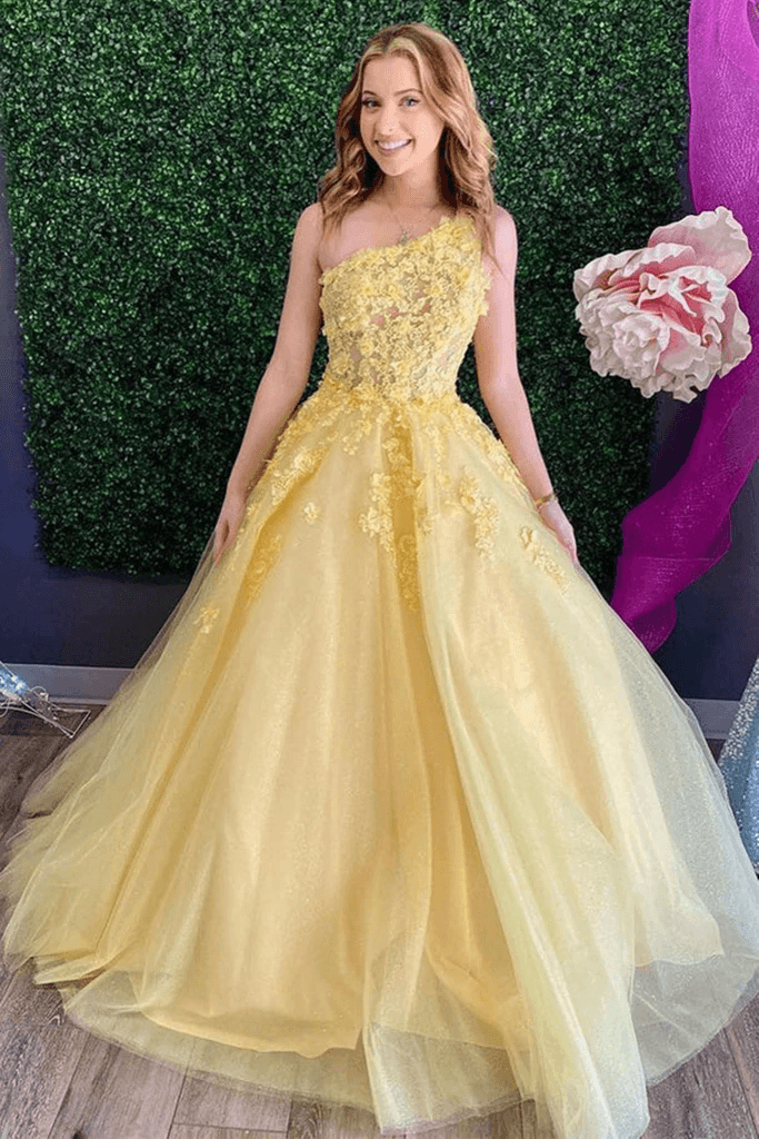 One Shoulder Floral Long Prom Dress Yellow Evening Dress TP1108 - Tirdress