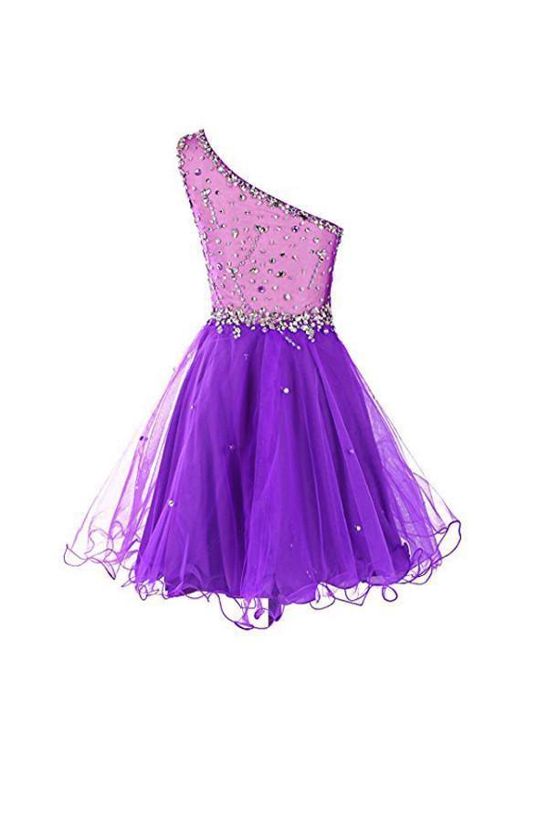 One Shoulder Prom Dresses Tulle Homecoming Dress With Beading PG065 - Tirdress